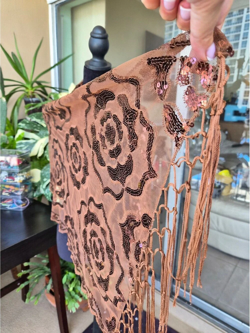 Caramel Brown Floral Sequin Mesh Scarf Shawl Fringe 25 x 70